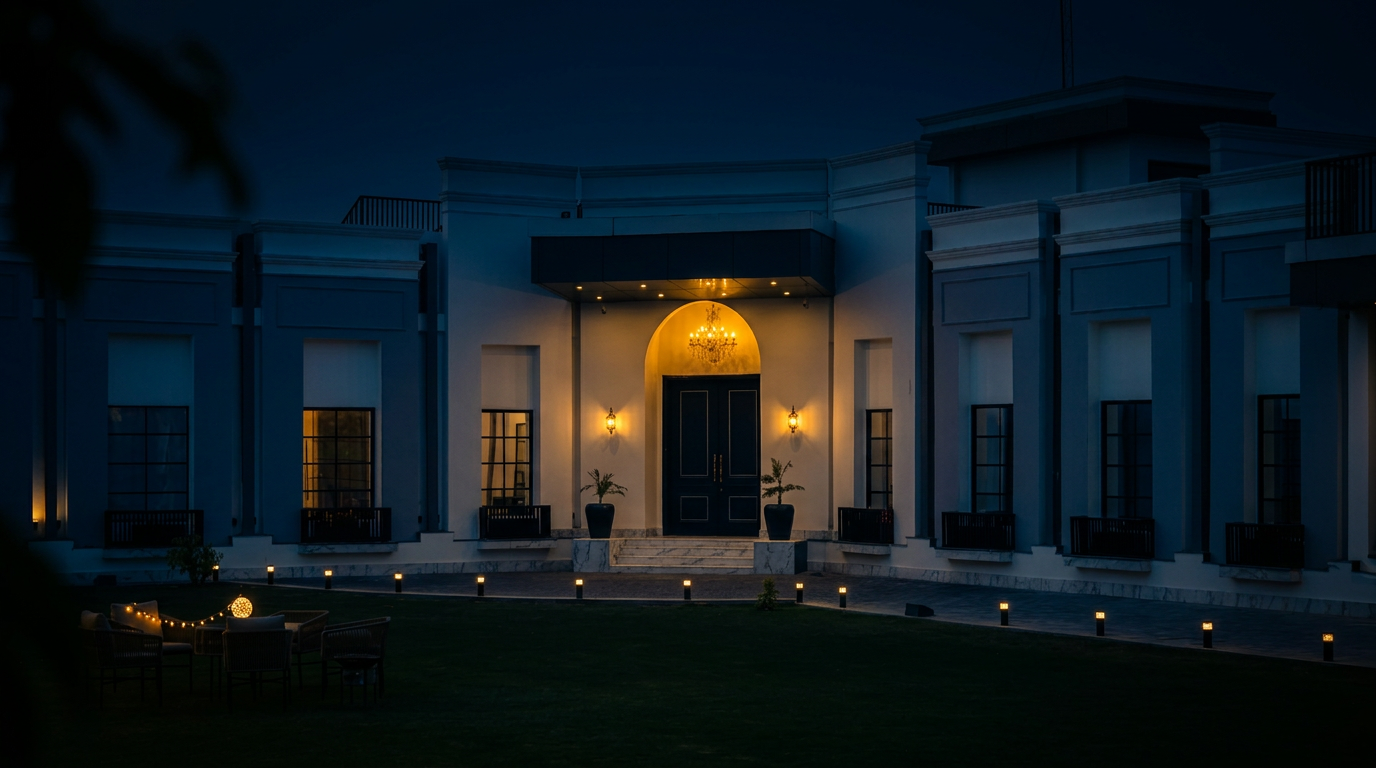 The Banyan Luxe palatial venue in Chattarpur lit with warm golden lights at night